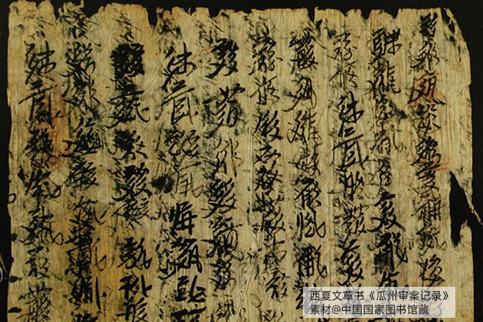 西夏文草書《瓜州審案記錄》，素材@中國國家圖書館